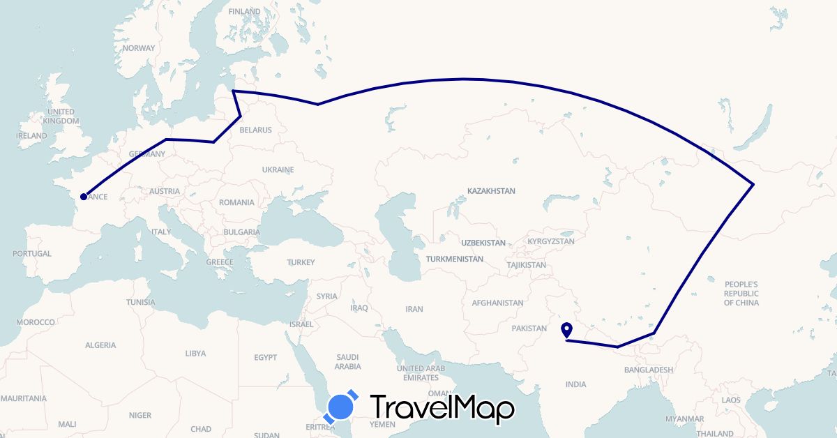 TravelMap itinerary: driving in China, Germany, France, India, Lithuania, Latvia, Mongolia, Nepal, Poland, Russia (Asia, Europe)